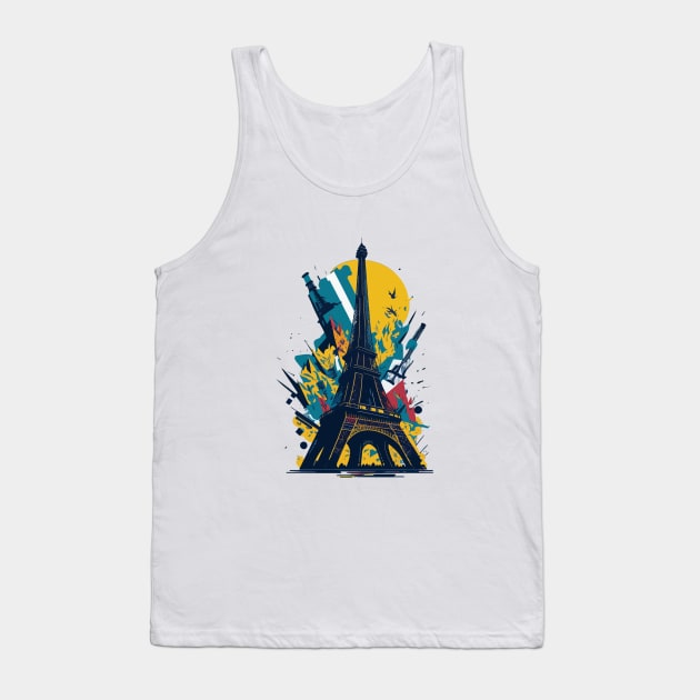 Vibrant illustration of chaotic debris around the Eiffel tower Tank Top by amithachapa